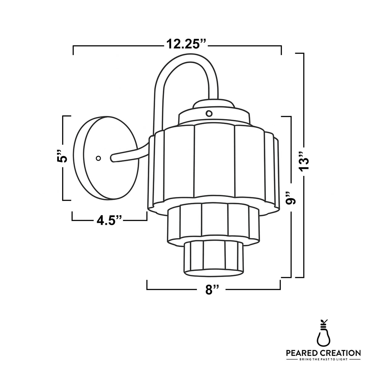 Black metal sconce with curved arm and tiered geometric glass shade, 13 inches tall. - SCONCE MODEL NO. 1095