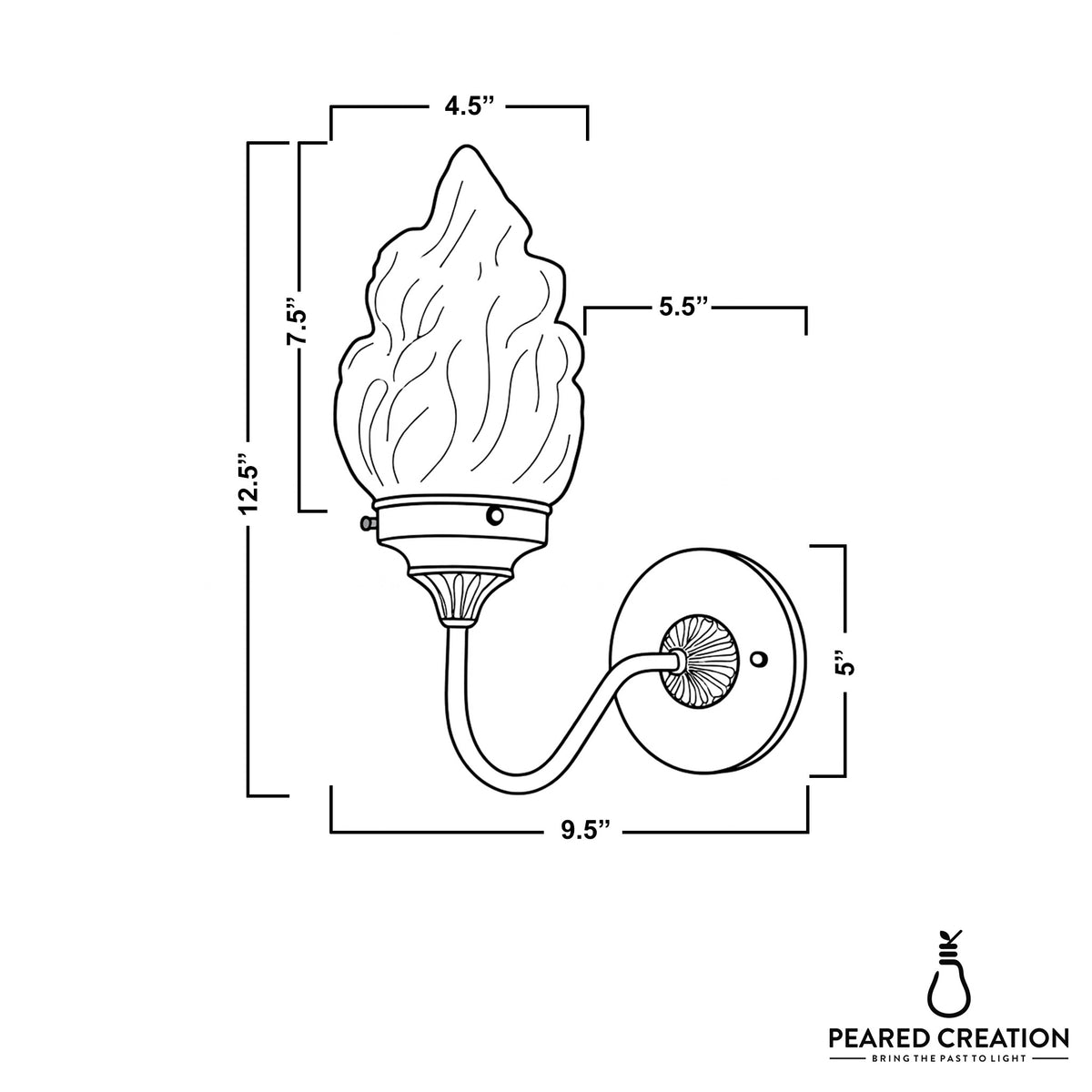 Wall sconce with flame-shaped frosted glass shade, curved arm, and round bronze base. - SCONCE MODEL NO. 1024