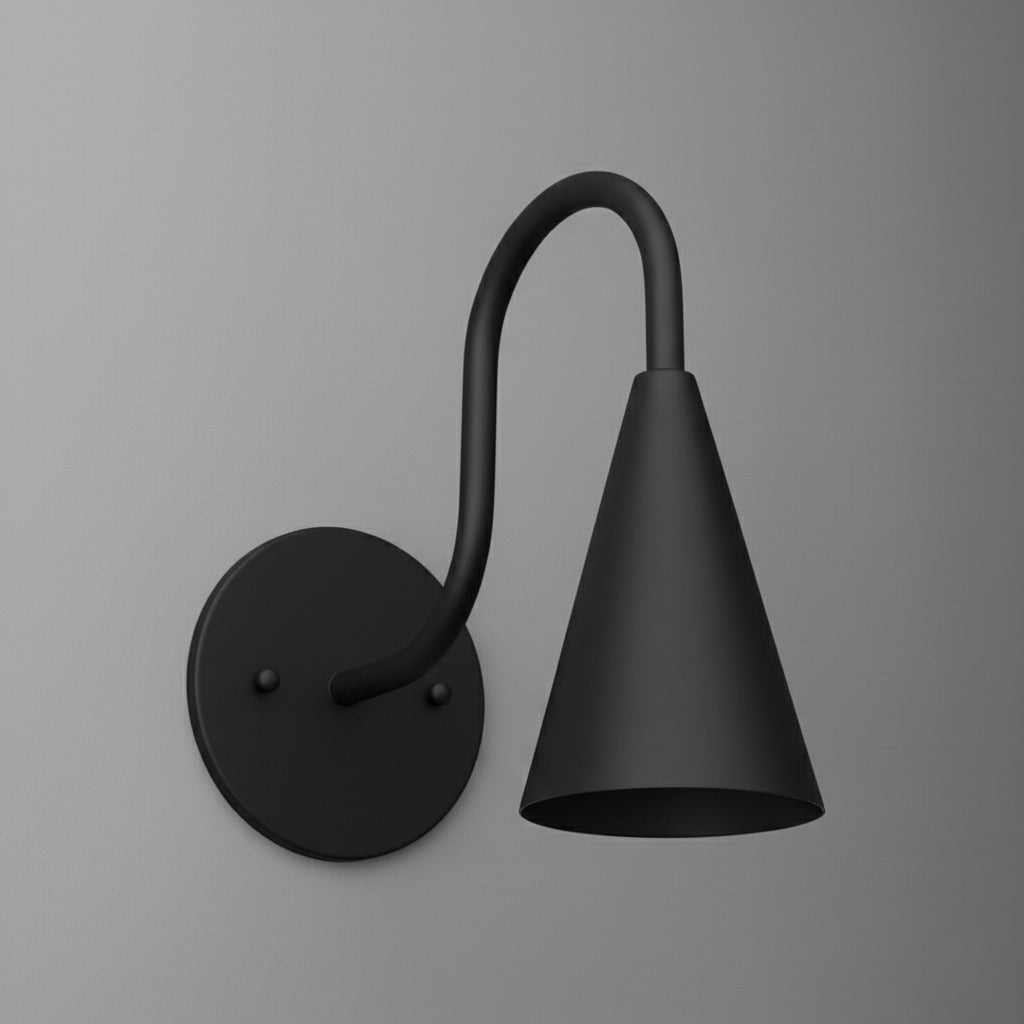 Matte black metal wall sconce with a conical shade and curved arm mounted on a round backplate. - SCONCE MODEL NO. 3021