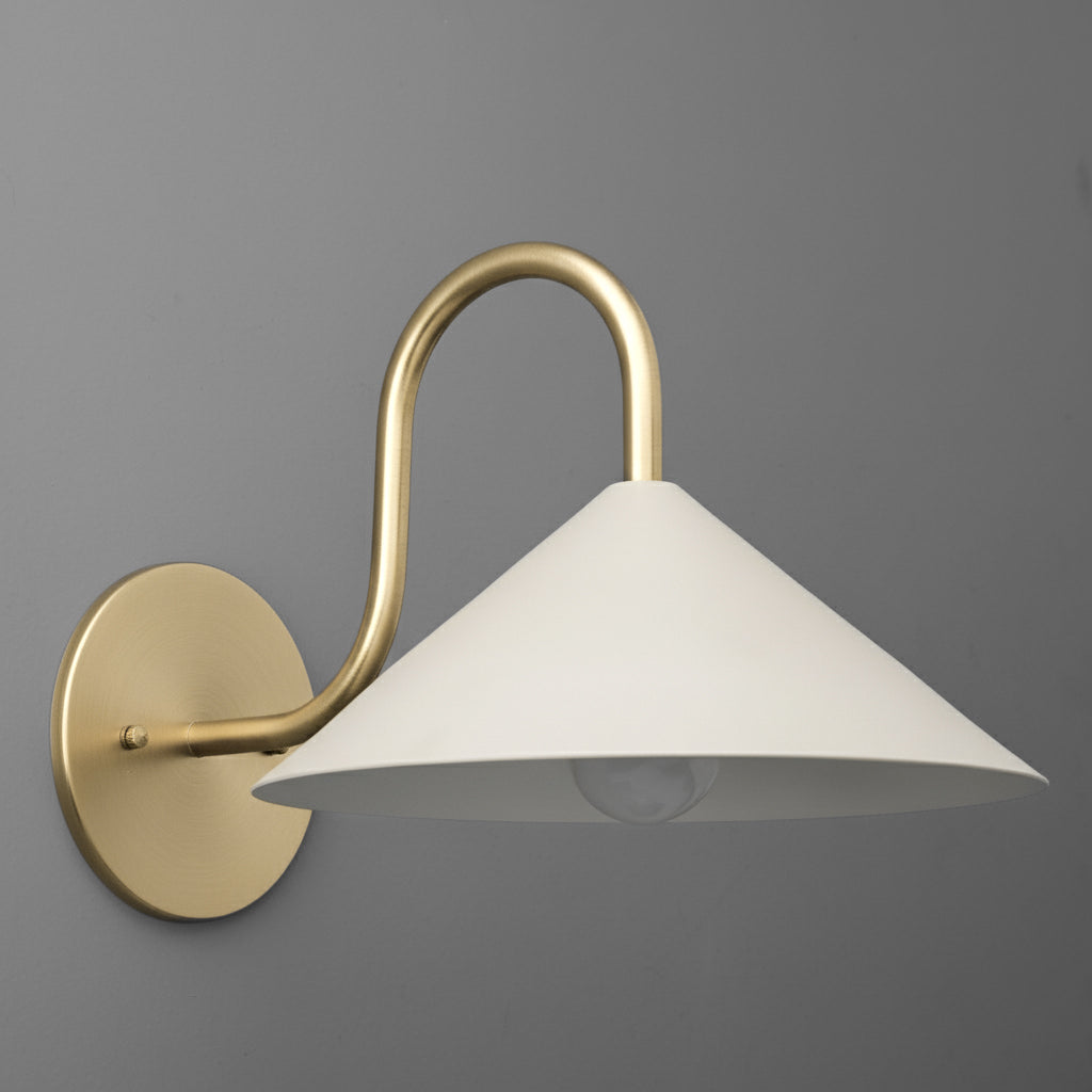 Brushed gold metal wall sconce with curved arm and wide white conical shade. - SCONCE MODEL NO. 1015