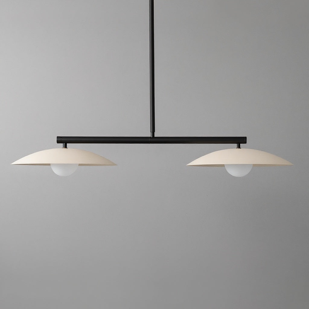Contemporary black linear chandelier with two cream-colored dome shades and globe bulbs. - CHANDELIER MODEL NO. 9708