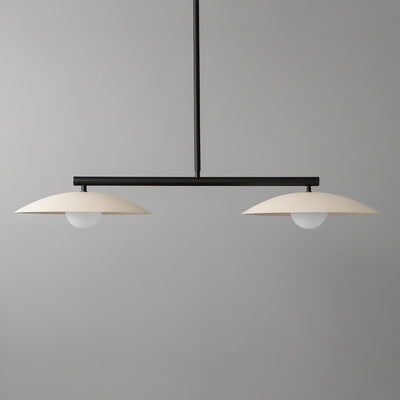 Contemporary black linear chandelier with two cream-colored dome shades and globe bulbs. - CHANDELIER MODEL NO. 9708