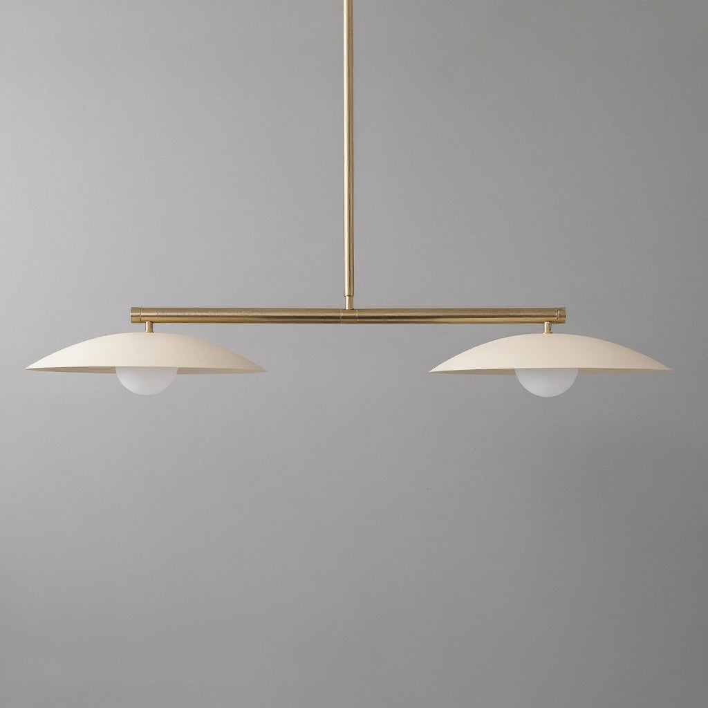 Antique brass linear chandelier with two white domed shades and globe bulbs. - CHANDELIER MODEL NO. 9708