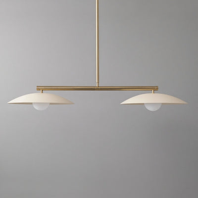 Antique brass linear chandelier with two white domed shades and globe bulbs. - CHANDELIER MODEL NO. 9708