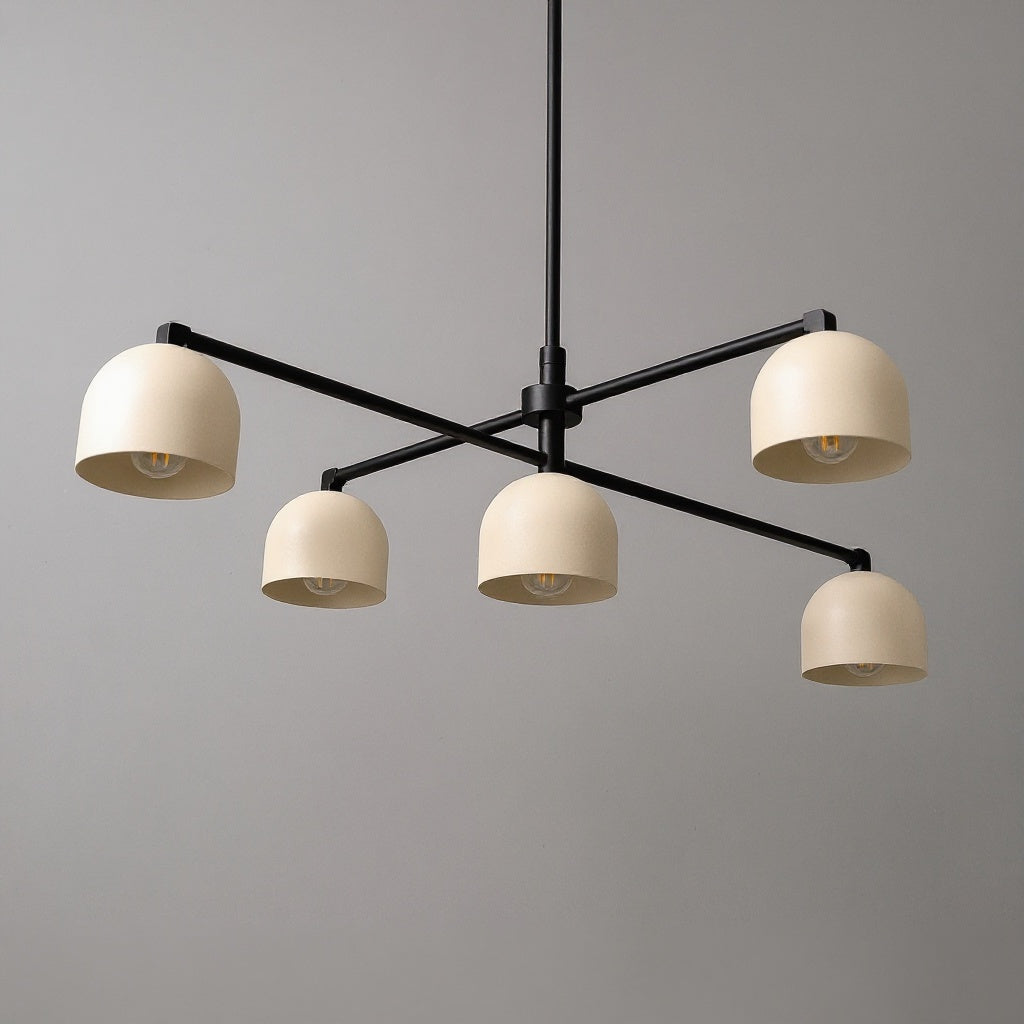 Industrial-style chandelier with five beige drum shades on black swivel arms against gray background. - CHANDELIER MODEL NO. 8133