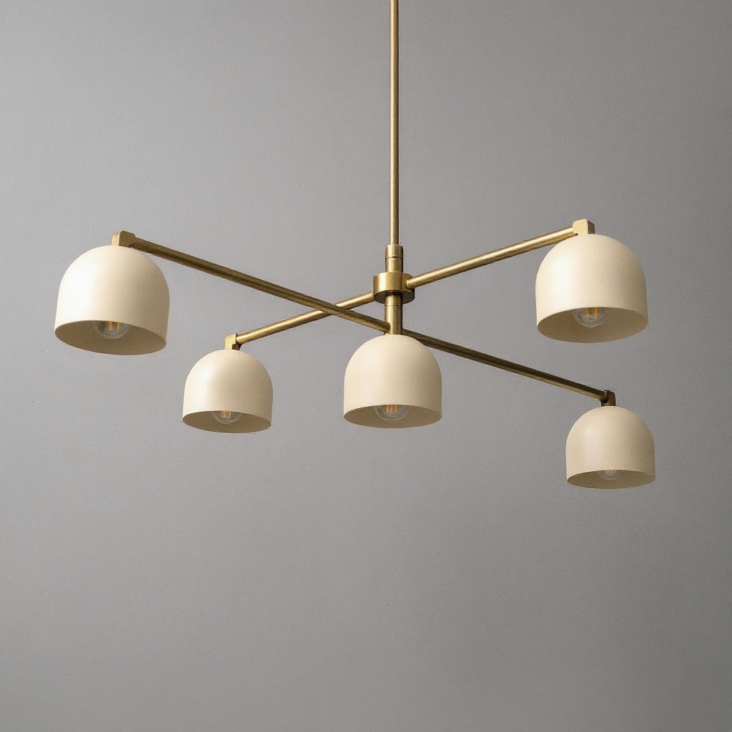 Antique brass chandelier with five cream dome shades and industrial swivel design. - CHANDELIER MODEL NO. 8133
