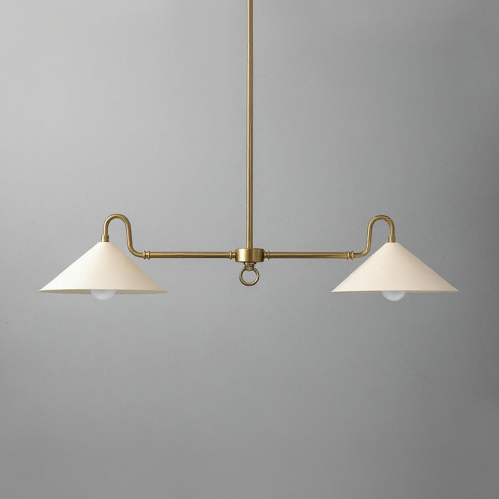 Antique brass linear chandelier with two cream conical shades and exposed bulbs. - CHANDELIER MODEL NO. 7512