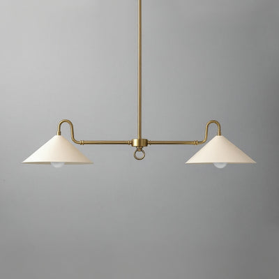 Antique brass linear chandelier with two cream conical shades and exposed bulbs. - CHANDELIER MODEL NO. 7512