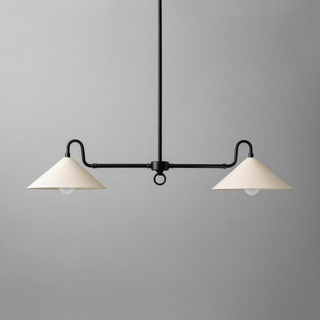 Black farmhouse linear chandelier with two cream conical shades and matte black metal frame. - CHANDELIER MODEL NO. 7512
