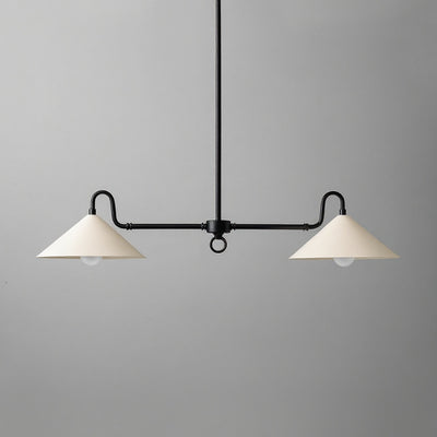 Black farmhouse linear chandelier with two cream conical shades and matte black metal frame. - CHANDELIER MODEL NO. 7512