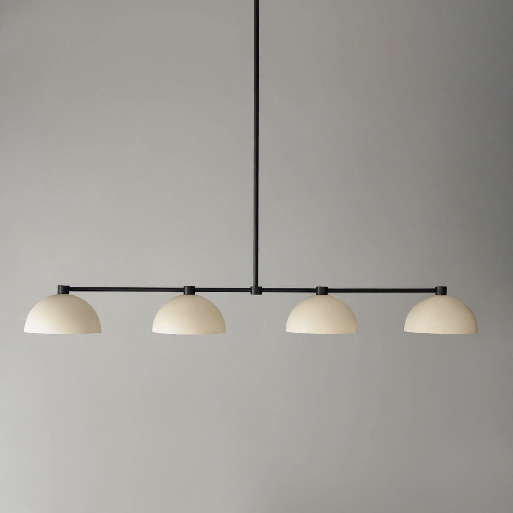 Matte black metal chandelier with four evenly spaced cream dome shades and linear design. - CHANDELIER MODEL NO. 4577