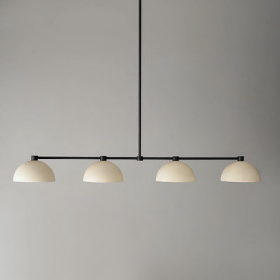 Matte black metal chandelier with four evenly spaced cream dome shades and linear design. - CHANDELIER MODEL NO. 4577