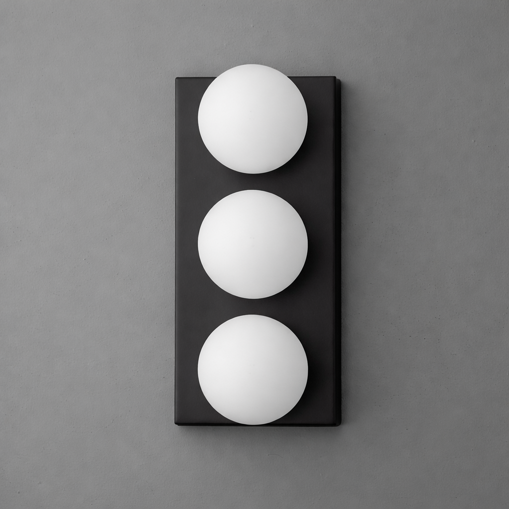 Black rectangular wall sconce with three evenly spaced white frosted glass globe bulbs in a vertical arrangement. - SCONCE MODEL NO. 2623