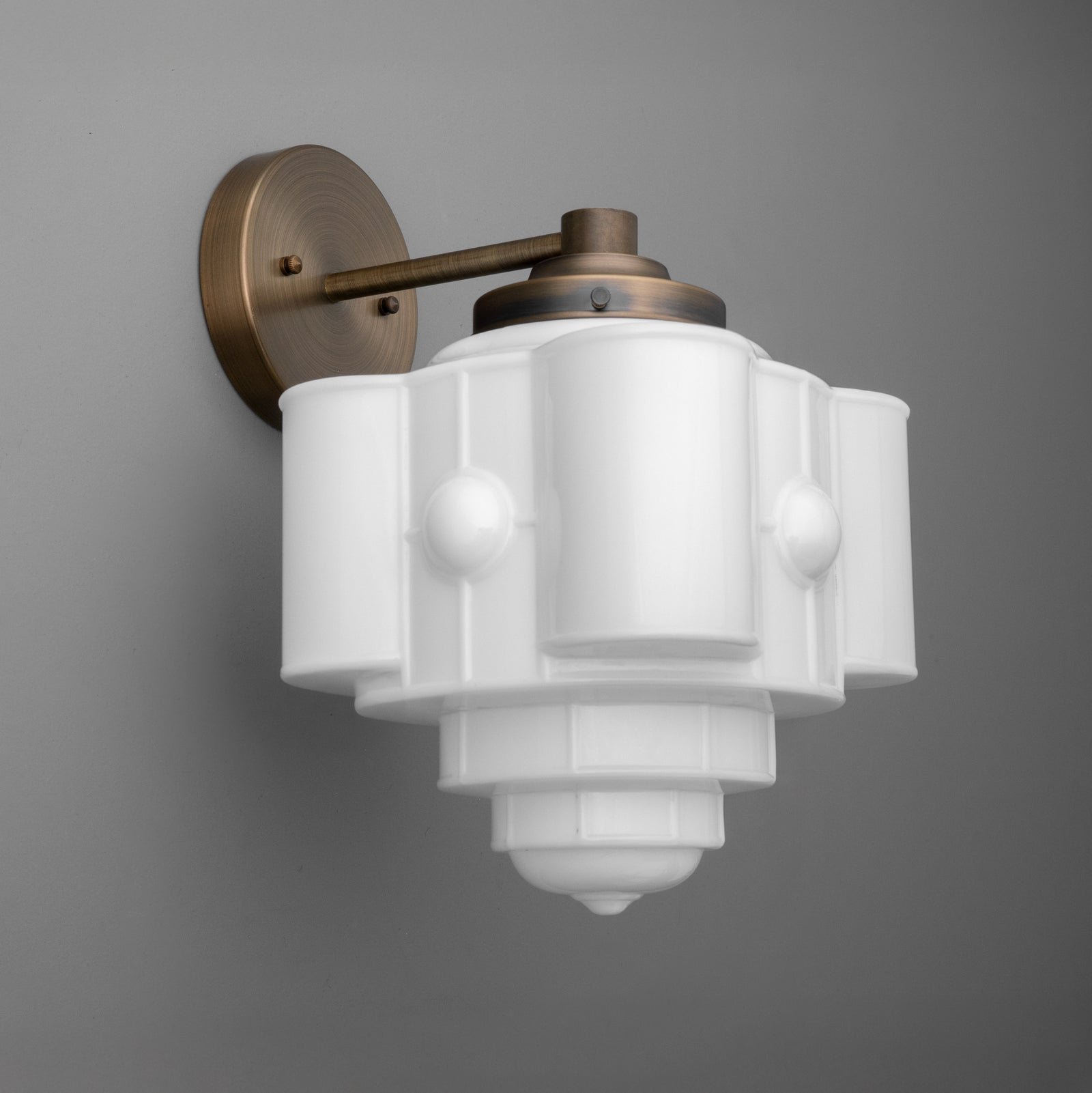 Modern white glass sconce with stepped geometric shade and antique brass mount. - SCONCE MODEL NO. 1064