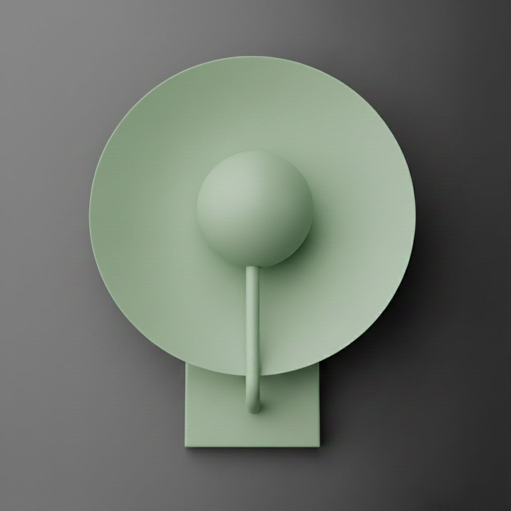 Single-light sconce in Green with a large round disc shade behind a globe, held on a slim curved stem from a rectangular wall plate. - SCONCE MODEL NO. 9342