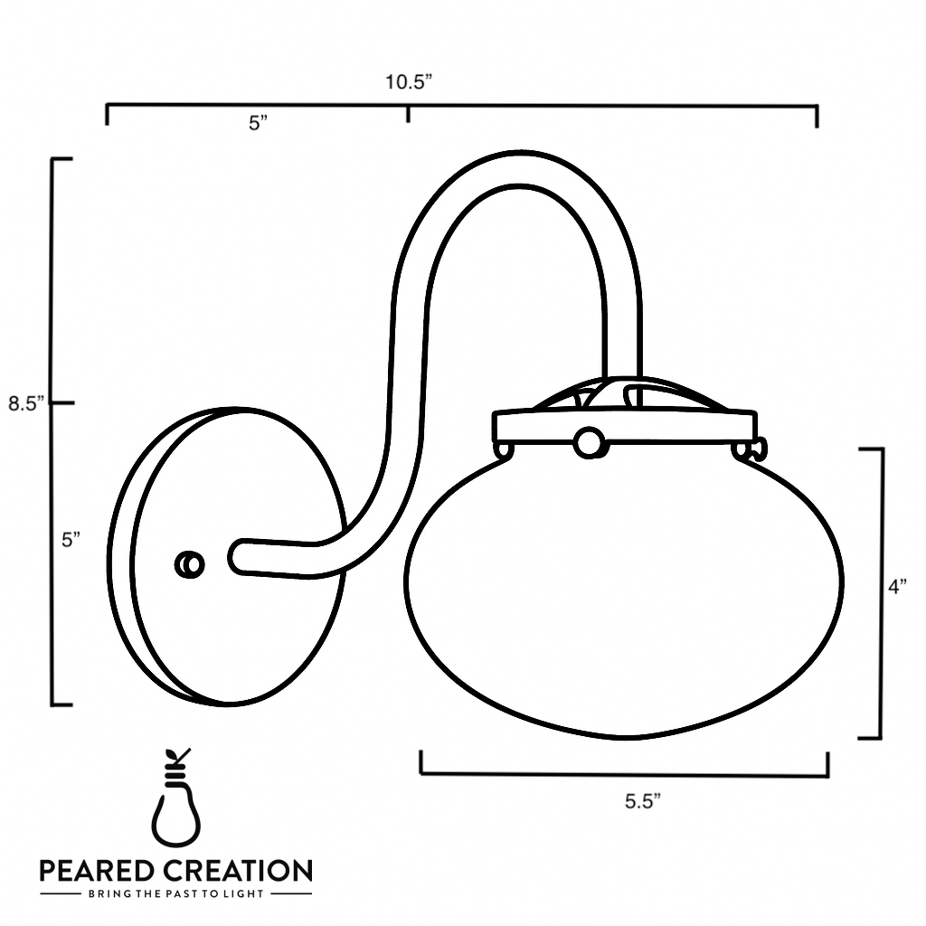 Black metal 1-bulb wall sconce with curved arm and 5.5-inch rounded glass shade. - SCONCE MODEL NO. 8563