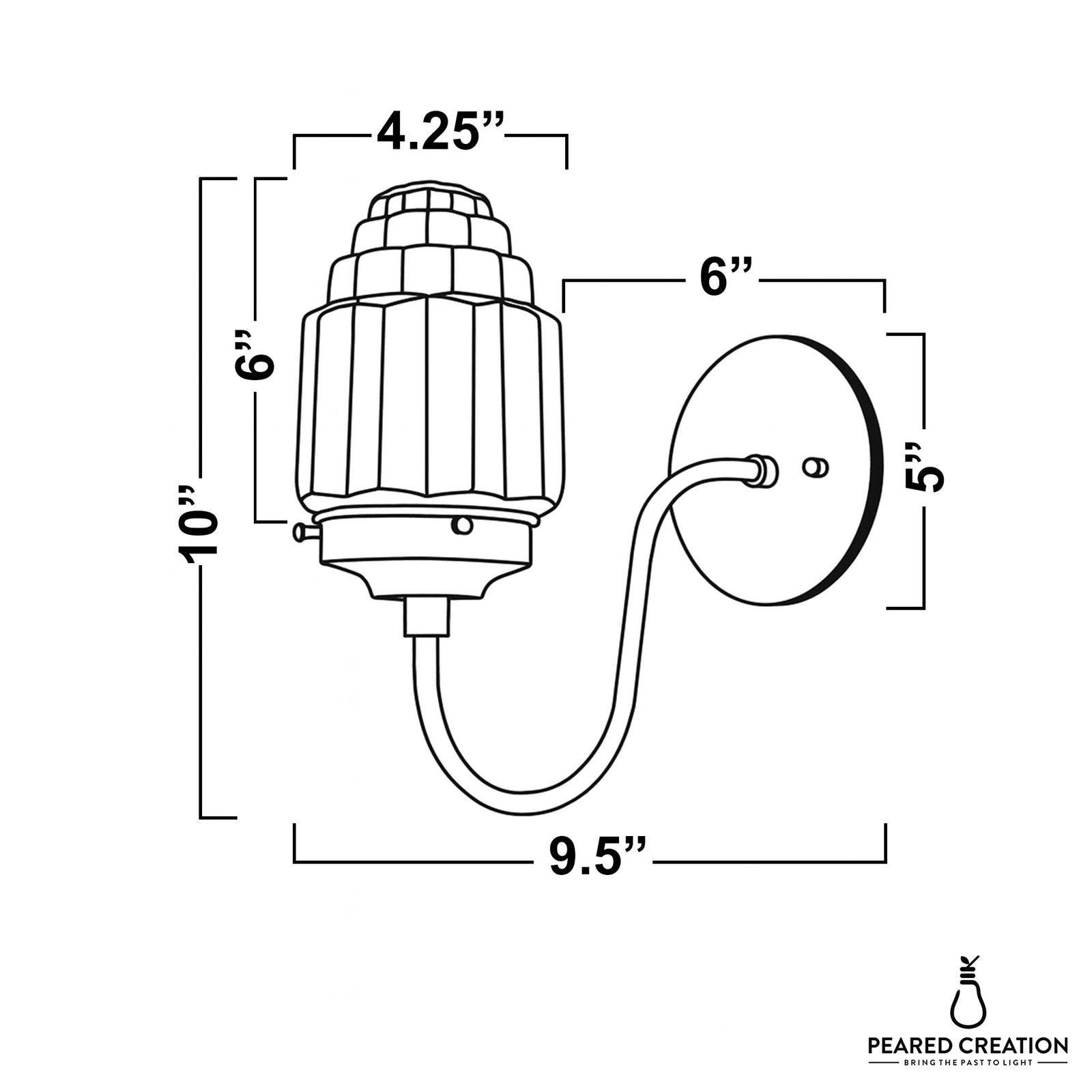 Wall-mounted sconce with ribbed cylindrical glass shade, curved metal arm, and oval wall plate in black finish. - SCONCE MODEL NO. 1074