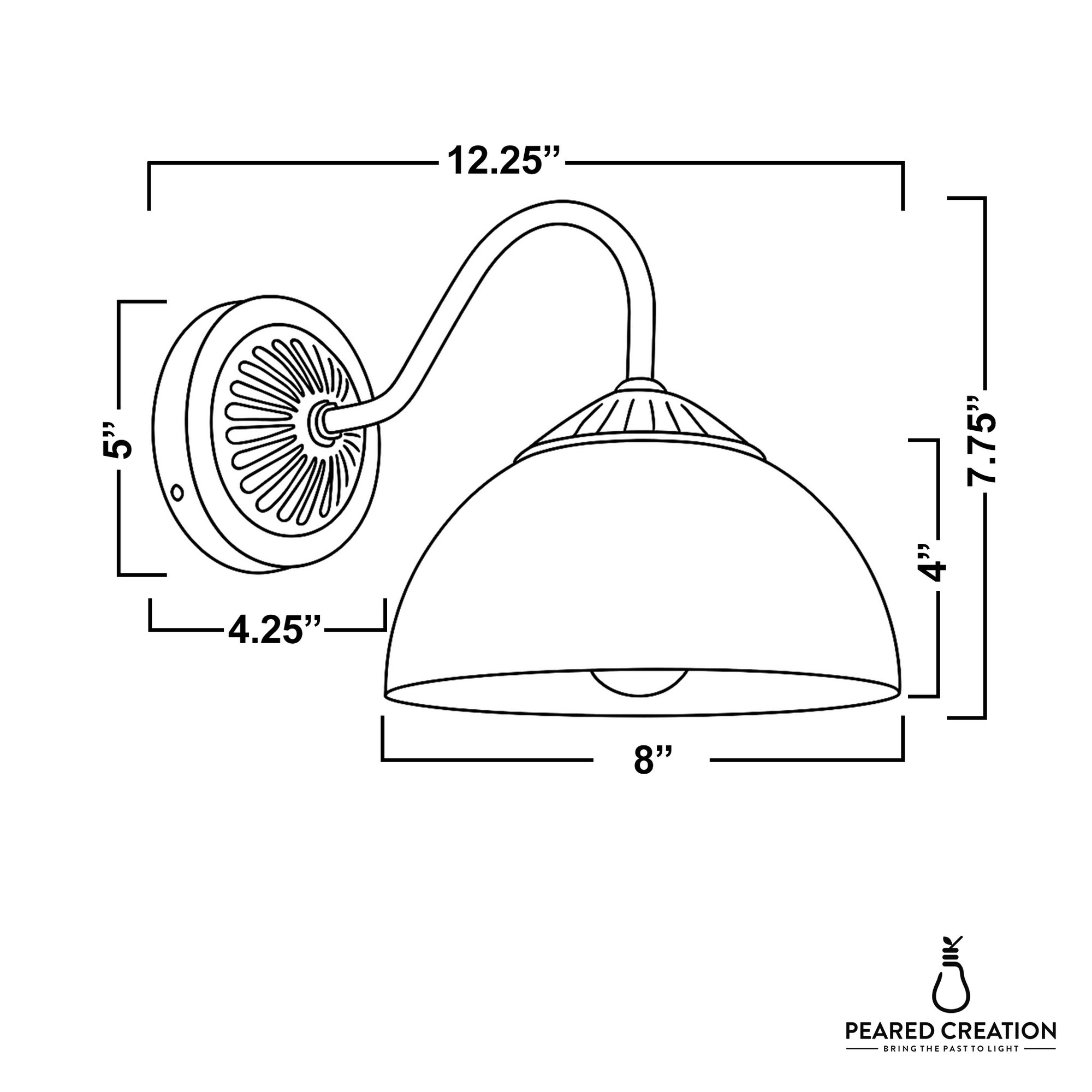 Wall-mounted sconce with curved arm, dome-shaped shade, and round decorative backplate with ridged center, dimensions. - SCONCE MODEL NO. 9408