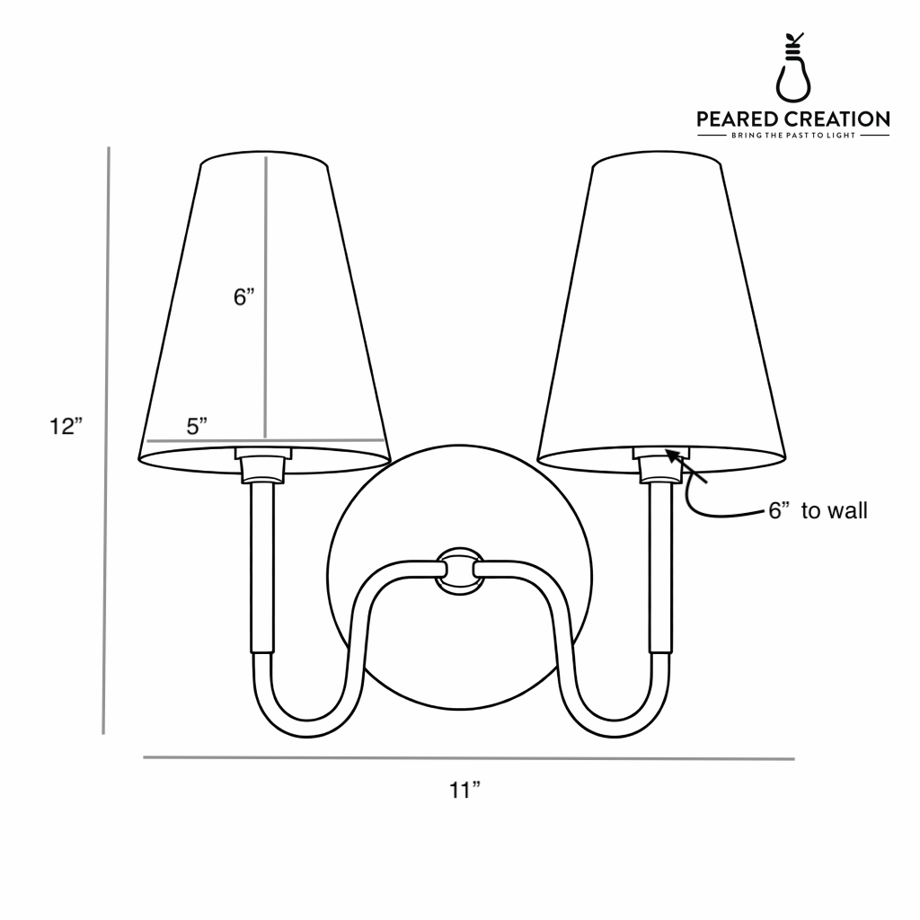 Wall-mounted two-bulb sconce with symmetrical curved arms, round backplate, and tapered fabric shades. - SCONCE MODEL NO. 5265
