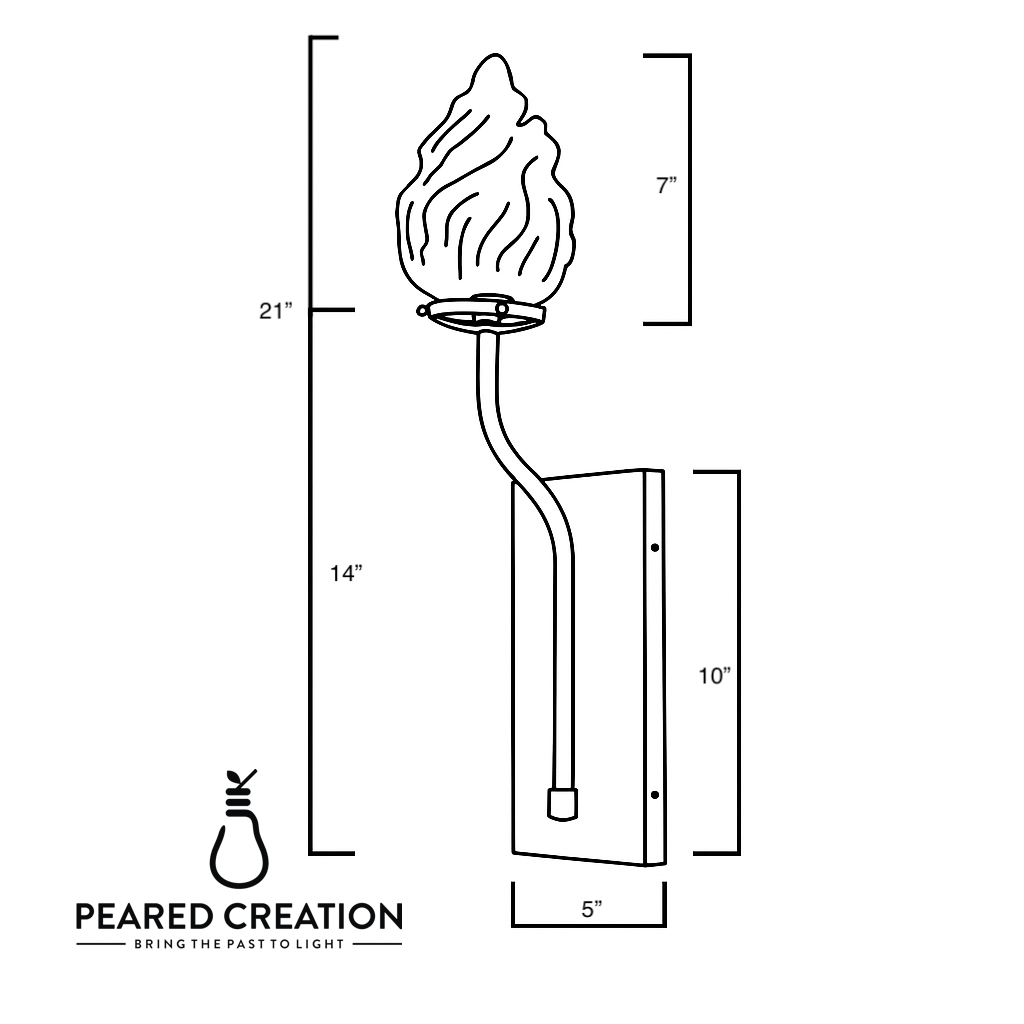 Wall sconce with flame-shaped frosted glass shade, curved metal arm, and rectangular bronze backplate. - SCONCE MODEL NO. 7420