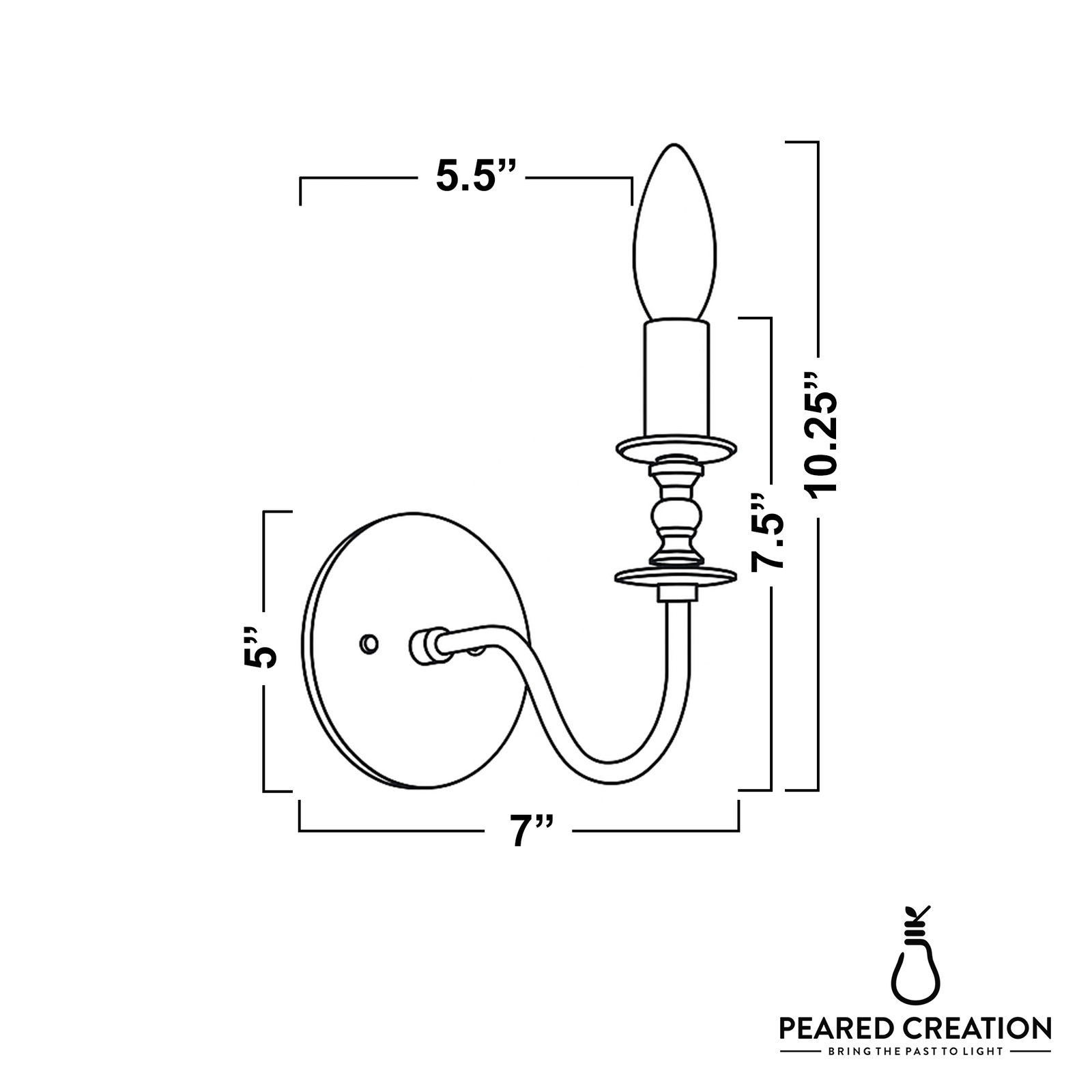 Black metal wall sconce with curved arm, oval backplate, and candle-style bulb holder, 10.25 inches tall. - SCONCE MODEL NO. 9915