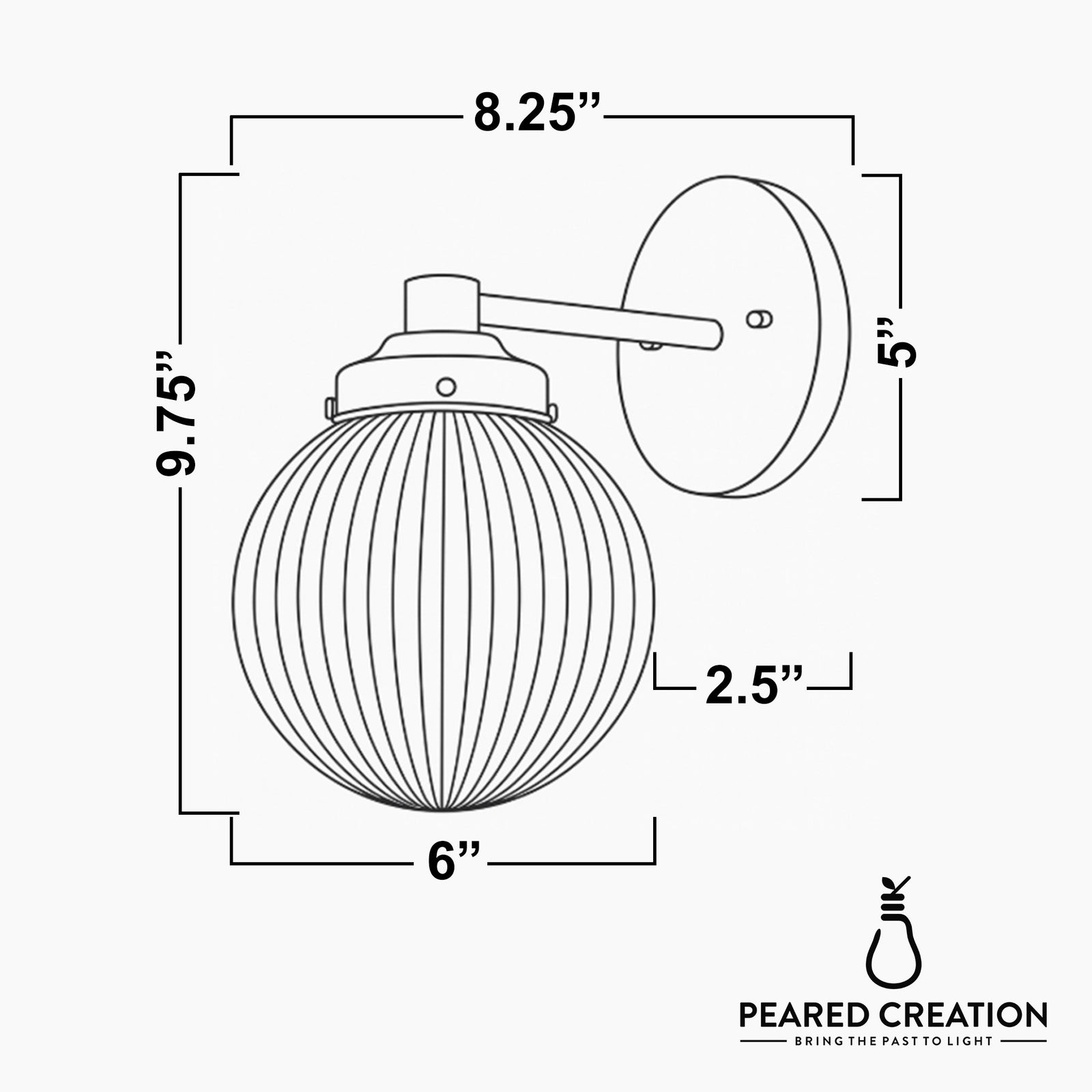 Wall sconce with ribbed glass globe shade and horizontal arm on round backplate, 8.25" wide, 9.75" high. - SCONCE MODEL NO. 7273