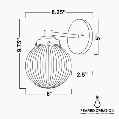 Wall sconce with ribbed glass globe shade and horizontal arm on round backplate, 8.25" wide, 9.75" high. - SCONCE MODEL NO. 7273