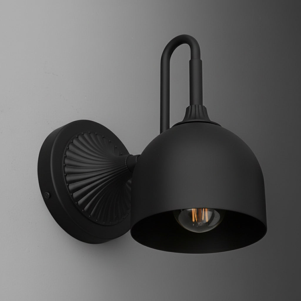 Matte black metal wall sconce with dome-shaped shade and exposed bulb, industrial style. - SCONCE MODEL NO. 3046