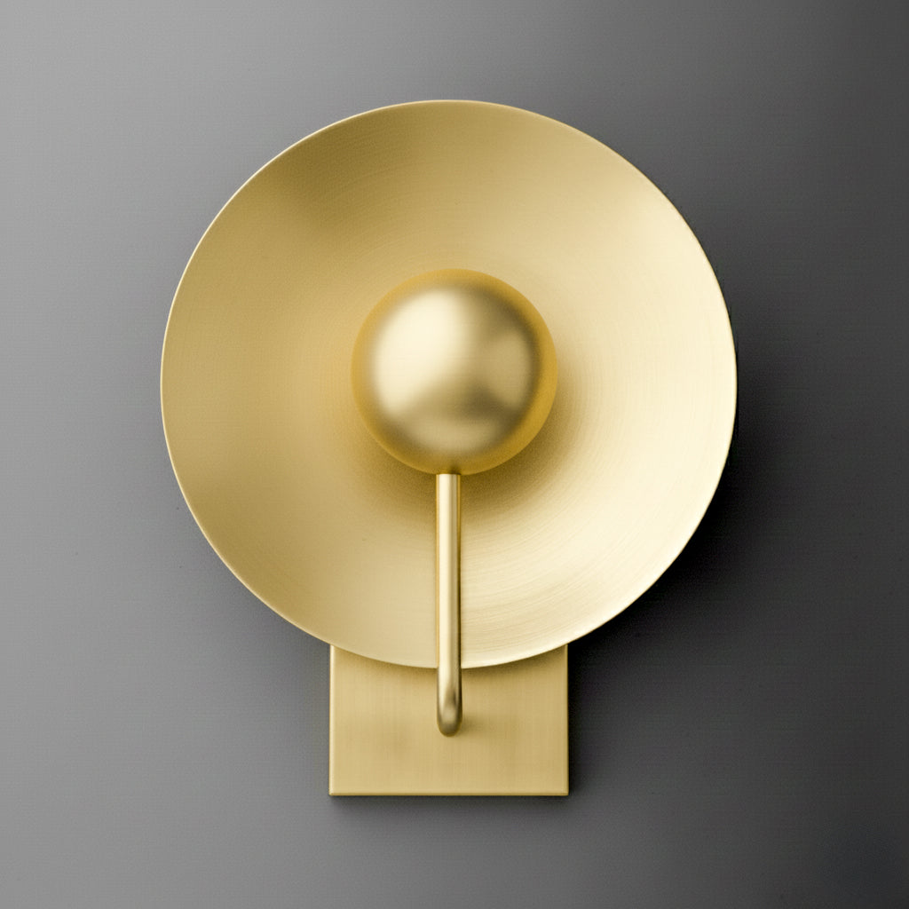 Matte gold round metal wall sconce with single bulb and minimalist rectangular base. - SCONCE MODEL NO. 7858