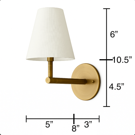 Wall-mounted sconce with brass-finished round base, straight arm, and white tapered fabric shade. - SCONCE MODEL NO. 1014