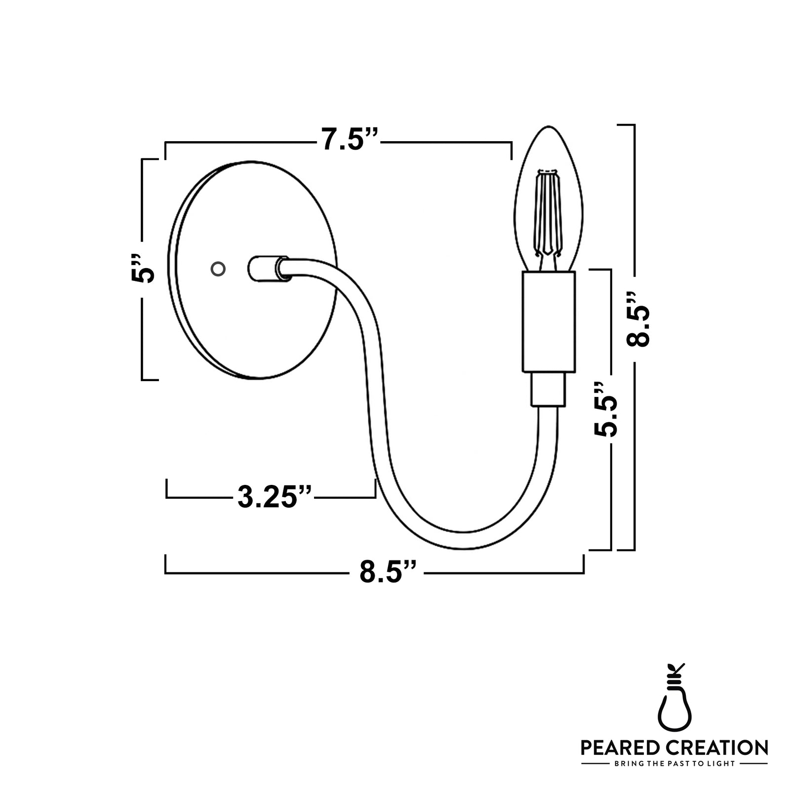 Black metal wall sconce with oval backplate and curved arm holding exposed bulb socket. - SCONCE MODEL NO. 7321