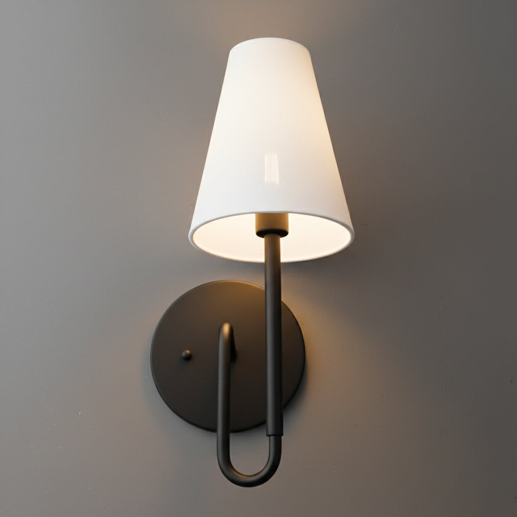 Matte black metal single-bulb wall sconce with a white conical fabric shade. - SCONCE MODEL NO. 1008