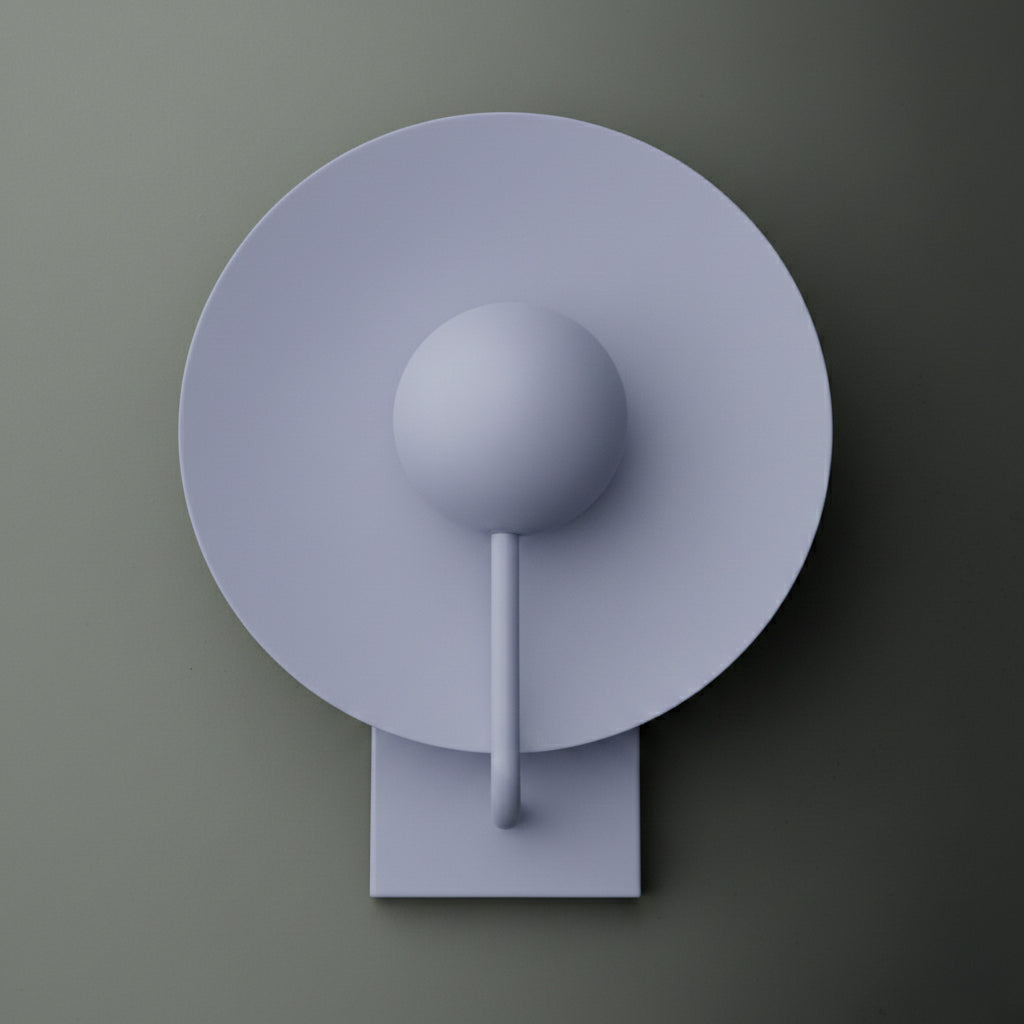 Single-light sconce in Periwinkle with a large round disc shade behind a globe, held on a slim curved stem from a rectangular wall plate. - SCONCE MODEL NO. 9342