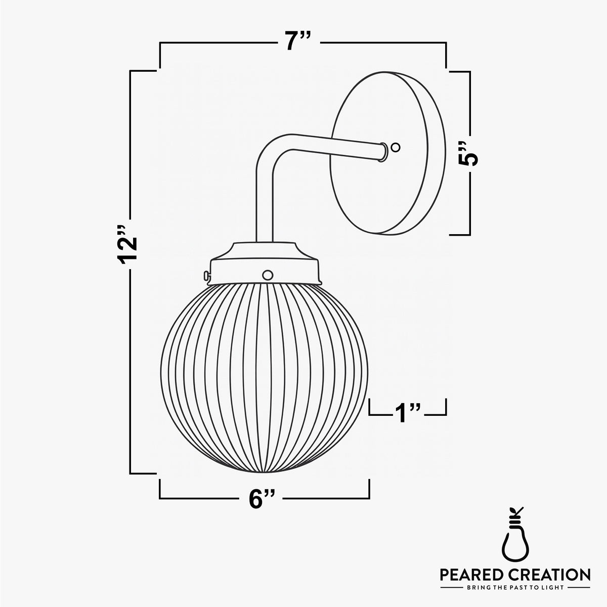 Wall sconce with ribbed glass globe shade, metal arm and round backplate, 12" height. - SCONCE MODEL NO. 6857