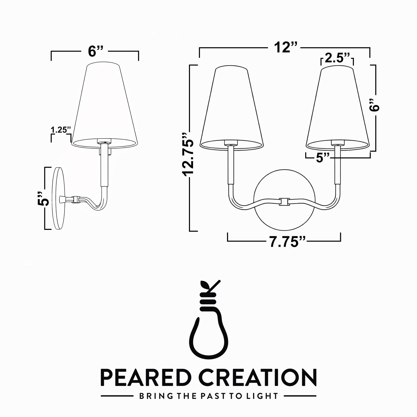 Wall-mounted two-bulb sconce with curved metal arms in black finish and white tapered fabric shades. - SCONCE MODEL NO. 9045