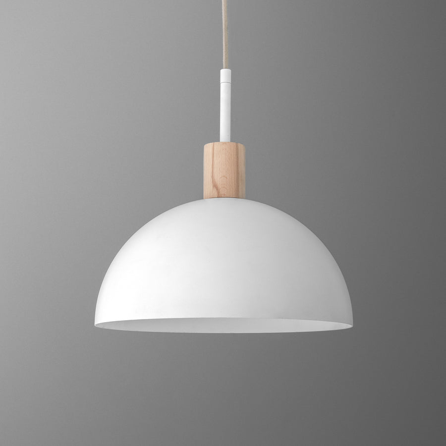 White dome pendant light with natural wood accent and tan cord against gray background. - PENDANT MODEL NO. 4610