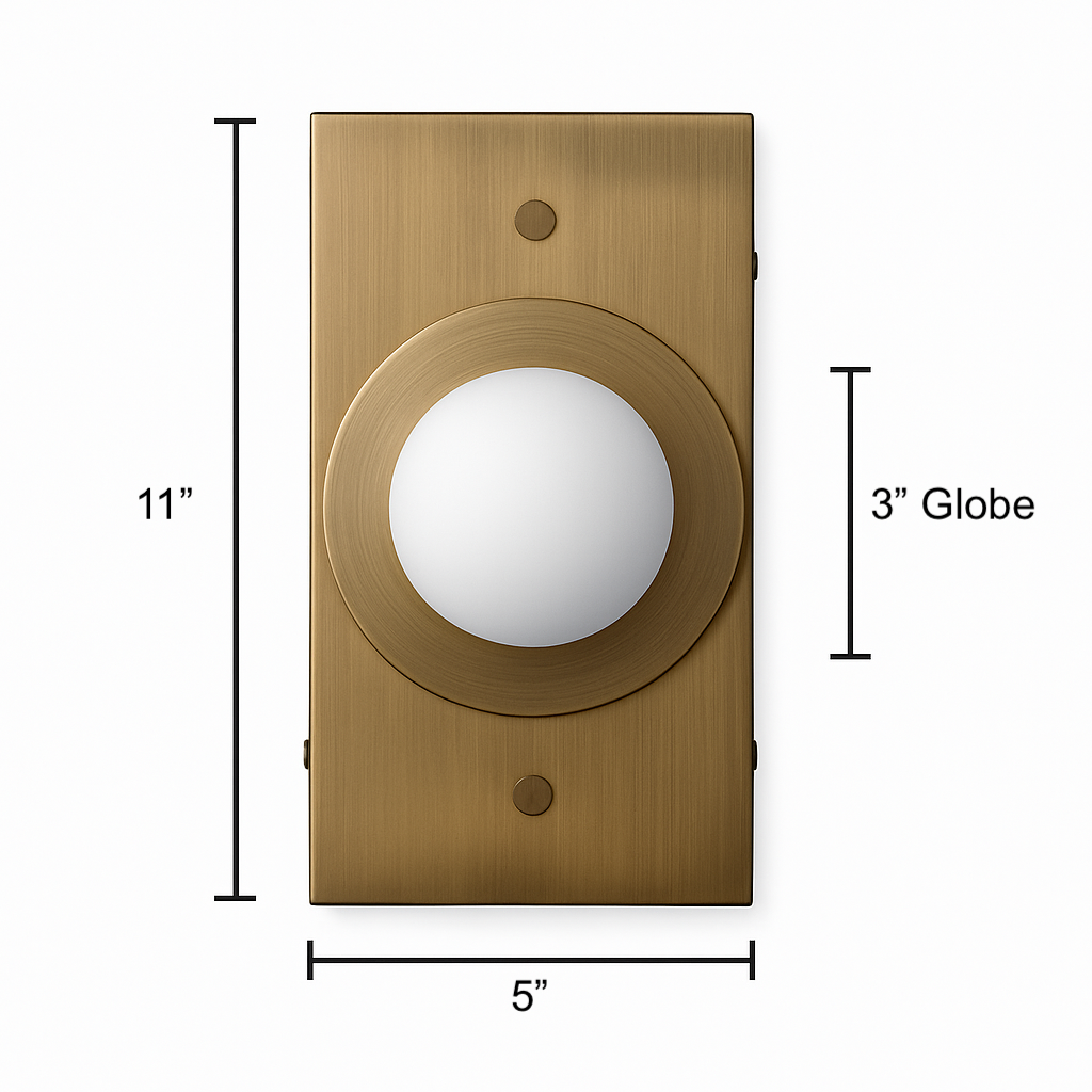 Antique brass rectangular wall sconce with 3-inch frosted white globe and brushed finish. - SCONCE MODEL NO. 4474