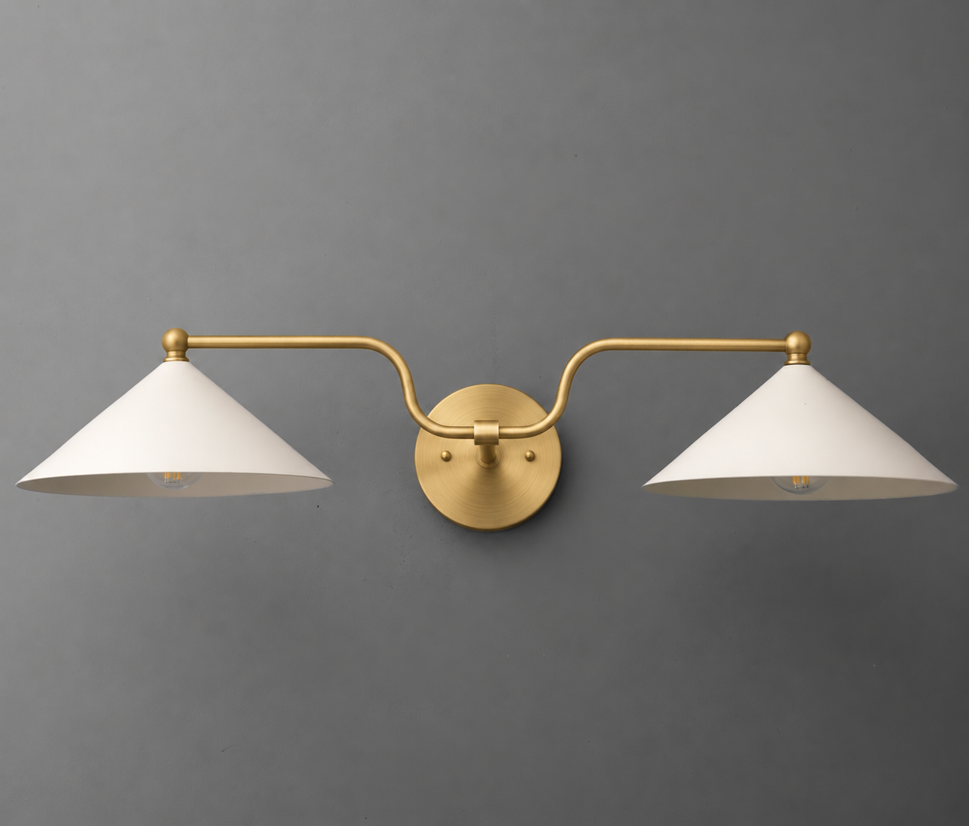 Brushed brass 2-bulb vanity light with conical white shades and curved horizontal arm. - VANITY LIGHT MODEL NO. 1171