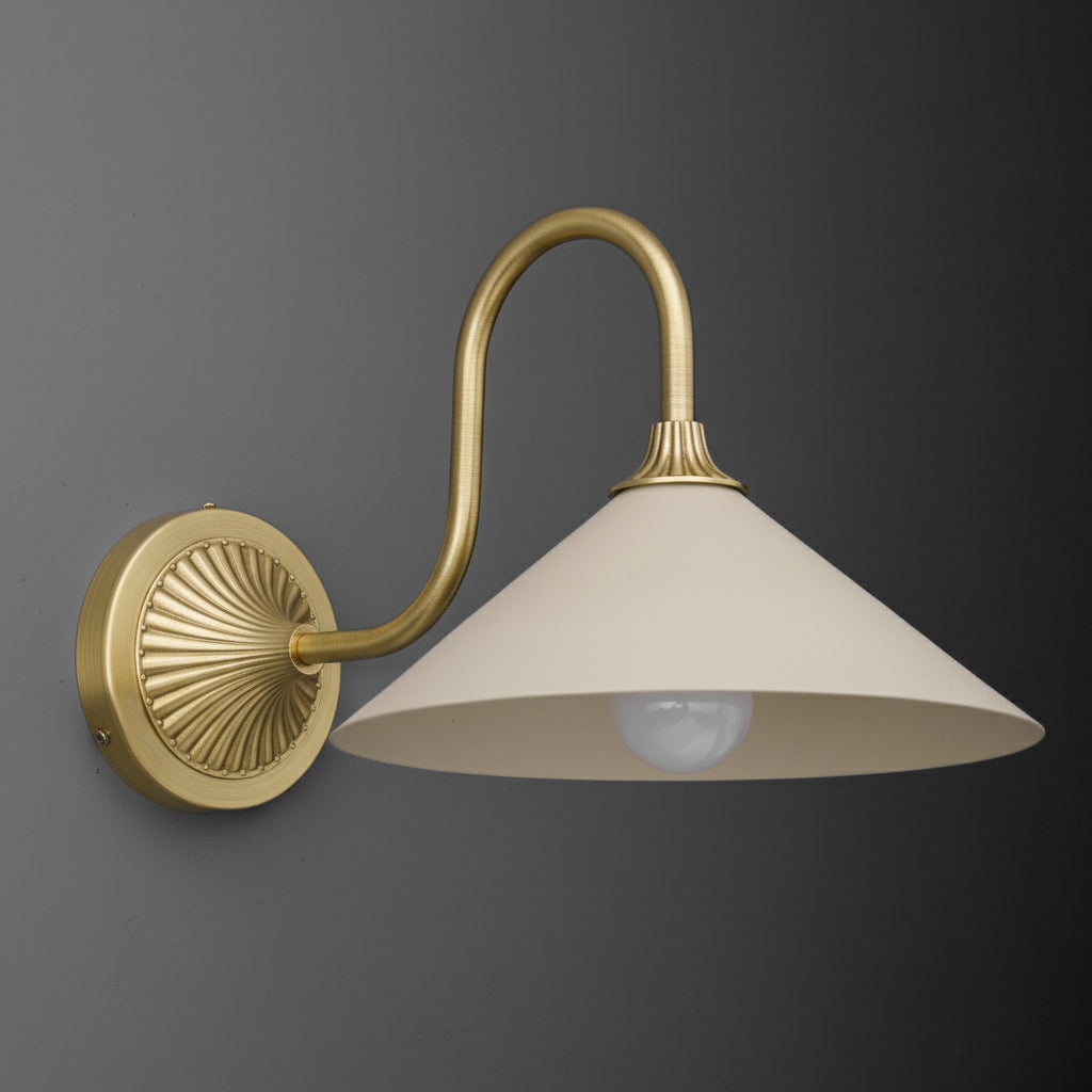 Wall sconce with brass finish curved arm and round backplate, white conical shade, single bulb. - SCONCE MODEL NO. 1067
