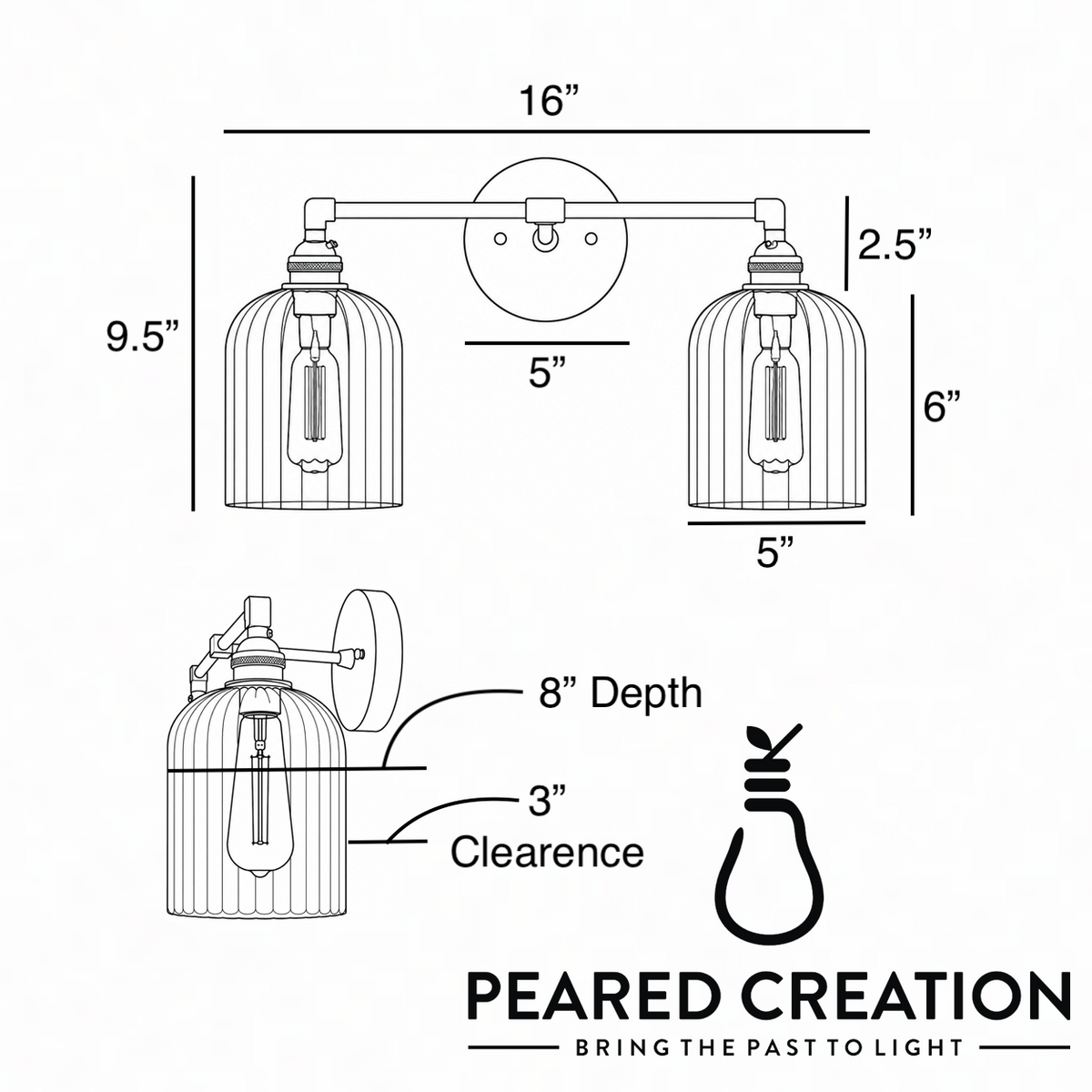 Modern vanity light with two clear ribbed glass shades and exposed filament bulbs, matte black metal frame, 16-inch width. - VANITY LIGHT MODEL NO. 1121
