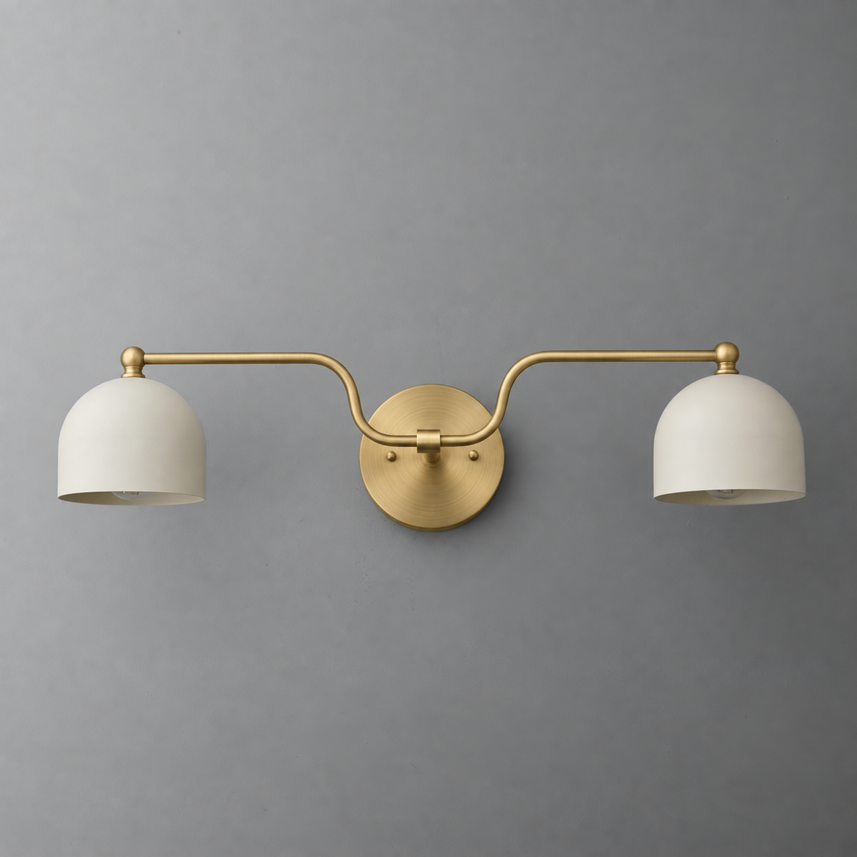 Brushed brass two-arm vanity light with white dome shades and round wall mount. - VANITY LIGHT MODEL NO. 1157