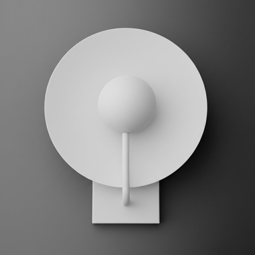 Single-light sconce in White with a large round disc shade behind a globe, held on a slim curved stem from a rectangular wall plate. - SCONCE MODEL NO. 9342