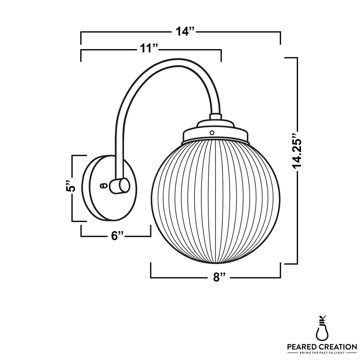 Wall sconce with ribbed round glass shade, curved arm, and circular wall mount in brass finish, 14.25" tall. - SCONCE MODEL NO. 8763