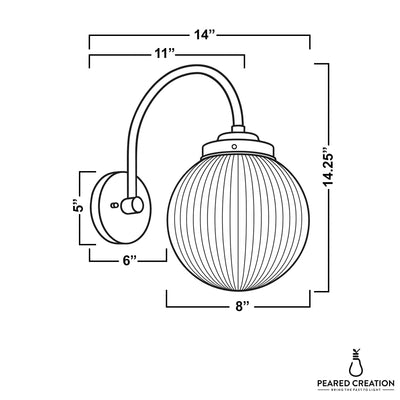 Wall sconce with ribbed round glass shade, curved arm, and circular wall mount in brass finish, 14.25" tall. - SCONCE MODEL NO. 8763