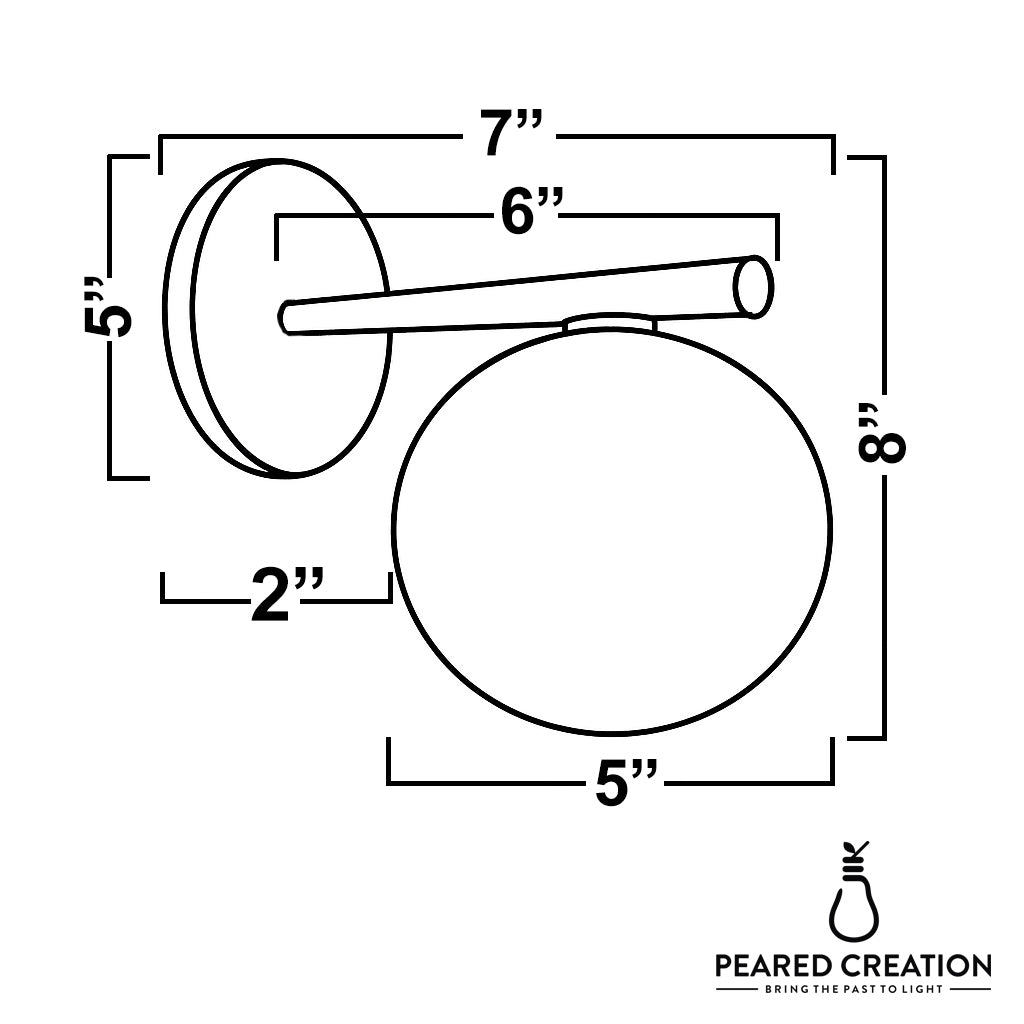 Minimalist wall sconce with round backplate and 5-inch globe light fixture in line drawing with dimensions. - SCONCE MODEL NO. 0904
