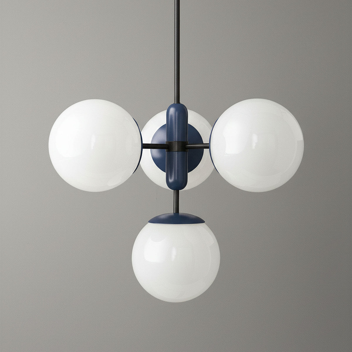 Scandinavian chandelier with three white glass globes and matte black and navy blue metal frame. - CHANDELIER MODEL NO. 4321