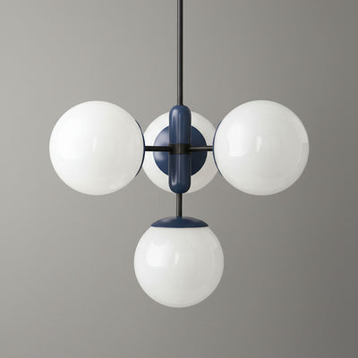 Scandinavian chandelier with three white glass globes and matte black and navy blue metal frame. - CHANDELIER MODEL NO. 4321