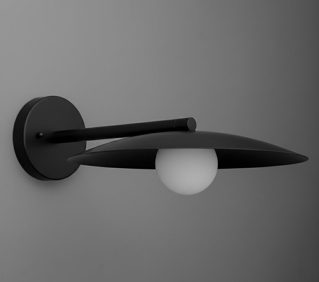 Sconce in Black with a wide shallow dish shade over an opal glass globe, on a straight arm from a round wall plate. - SCONCE MODEL NO. 1076
