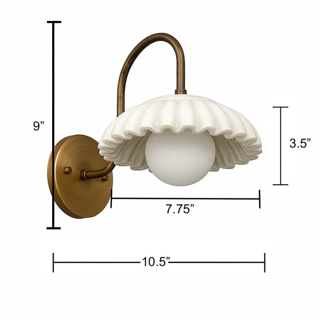 Antique brass wall sconce with fluted white glass shade and round bulb, 9 inches tall. - SCONCE MODEL NO. 2782