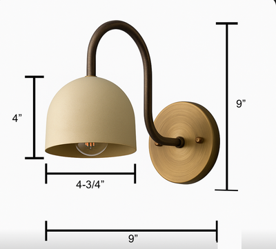 Antique brass wall sconce with curved arm and cream dome-shaped shade, 9-inch height and width. - SCONCE MODEL NO. 6308